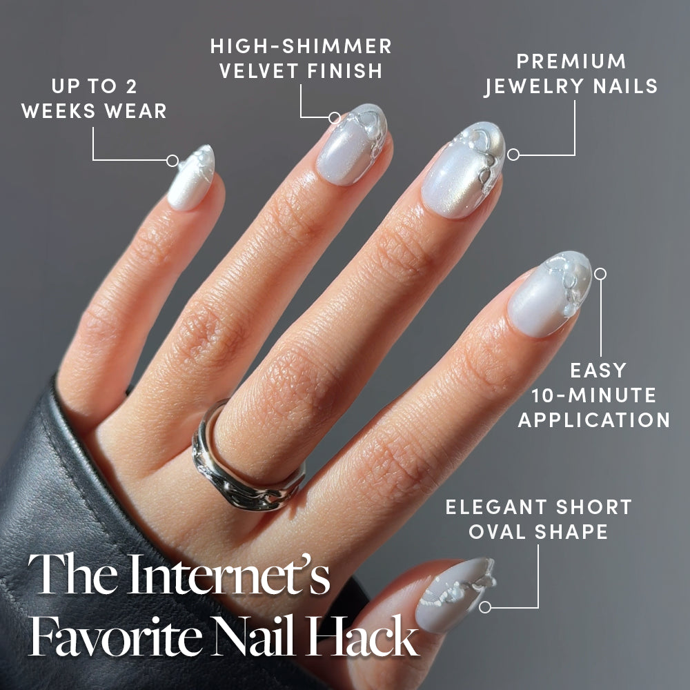 Glamnetic Fine Silver short oval, shimmery silver press-on nails with small charms, featuring text callouts for the velvet finish, 2-week wear, jewelry accents, 10-minute application, and The Internets Favorite Nail Hack label. - Product image