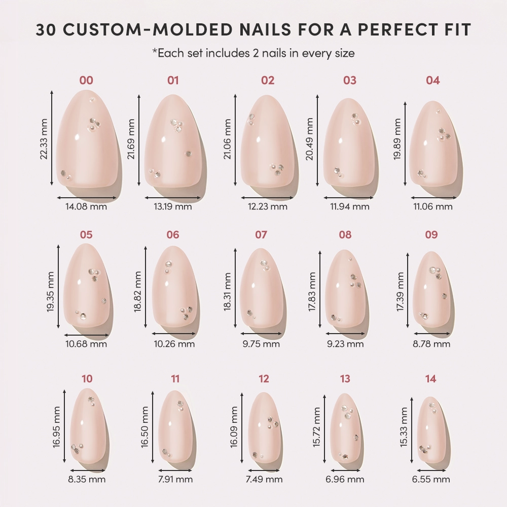 The glamnetic First Dance vegan nail set includes 15 pairs of nude, almond-shaped custom-molded nails in descending sizes, each with rhinestone accents and labeled with individual length and width measurements in millimeters. - Product image