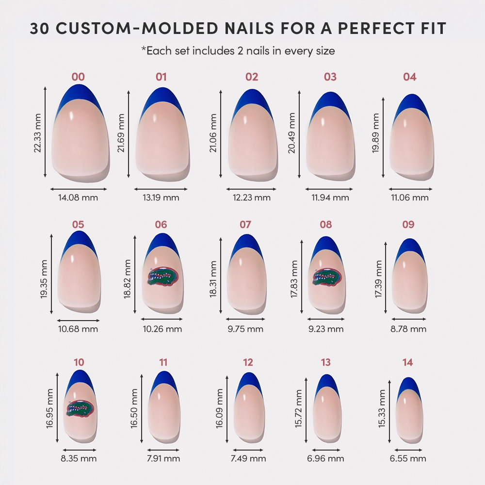 Chart displaying 15 sizes of glamnetic’s Florida Gators Press-On Nail Set, each numbered with width and length in millimeters. Features blue French tips and includes two nails per size for a total of 30 custom-molded nails per set. - Product image
