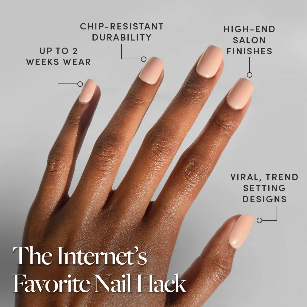 A hand with short nude nails is shown, showcasing FOR THE “IT” GIRLS by glamnetic, with text highlighting features: up to 2 weeks wear, chip-resistant durability, high-end salon finishes, and viral, trend-setting designs. - Product image
