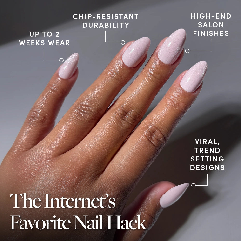 A hand with long, almond-shaped, pale pink glamnetic Forever Pink press-on nails is shown labeled: up to 2 weeks wear, chip-resistant durability, salon-quality finish, and trend-setting designs. Text reads: The Internet’s Favorite Nail Hack. - Product image