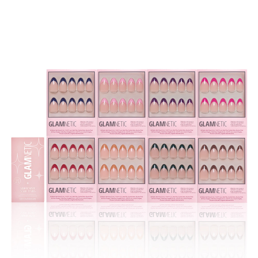 A display of ten glamnetic French Tip Collection reusable nail sets in various colors and styles, arranged in two rows with a pink glamnetic box on the left. Designs include gradients, French tips, and solid tones for a chic look. - Product image