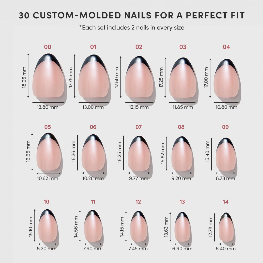 A chart displays the glamnetic French Noir set: 30 custom-molded, no-glue press-on nails in five rows. Each nail has a light pink base with black French tips and is labeled with length and width in millimeters for various sizes. - Product image