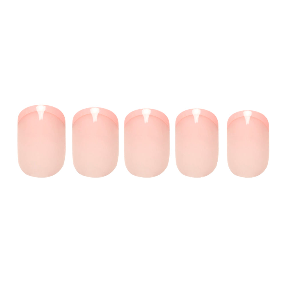 Five glamnetic French Peach Press-On Nails with a pale pink base and glossy white inverted V-shaped tips, shown in a row on a white background. Vegan, cruelty-free, and perfect for those who love super short press-on nails. - Product image