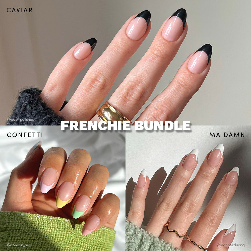 A collage of three hands displays glamnetic’s Frenchie Bundle: black tips (Caviar Confetti), pastel tips, and classic white, with FRENCHIE BUNDLE text in the center. - Product image