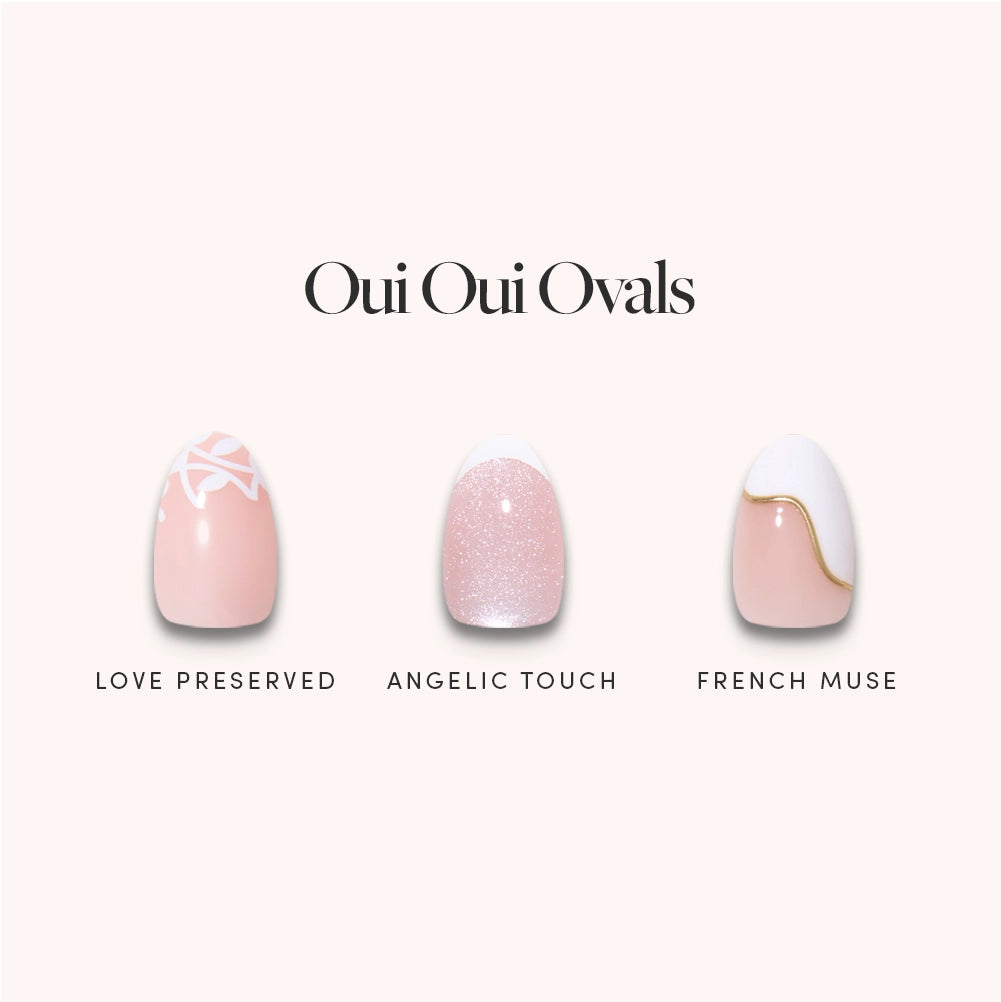 Three salon-quality, oval-shaped press-on nails by glamnetic: a pink nail with white geometric tips, a pink nail with glitter accents, and a pink nail featuring white and gold wavy French tips. The text "Oui Oui Ovals" appears above the nails, with individual names below each design. - Product image