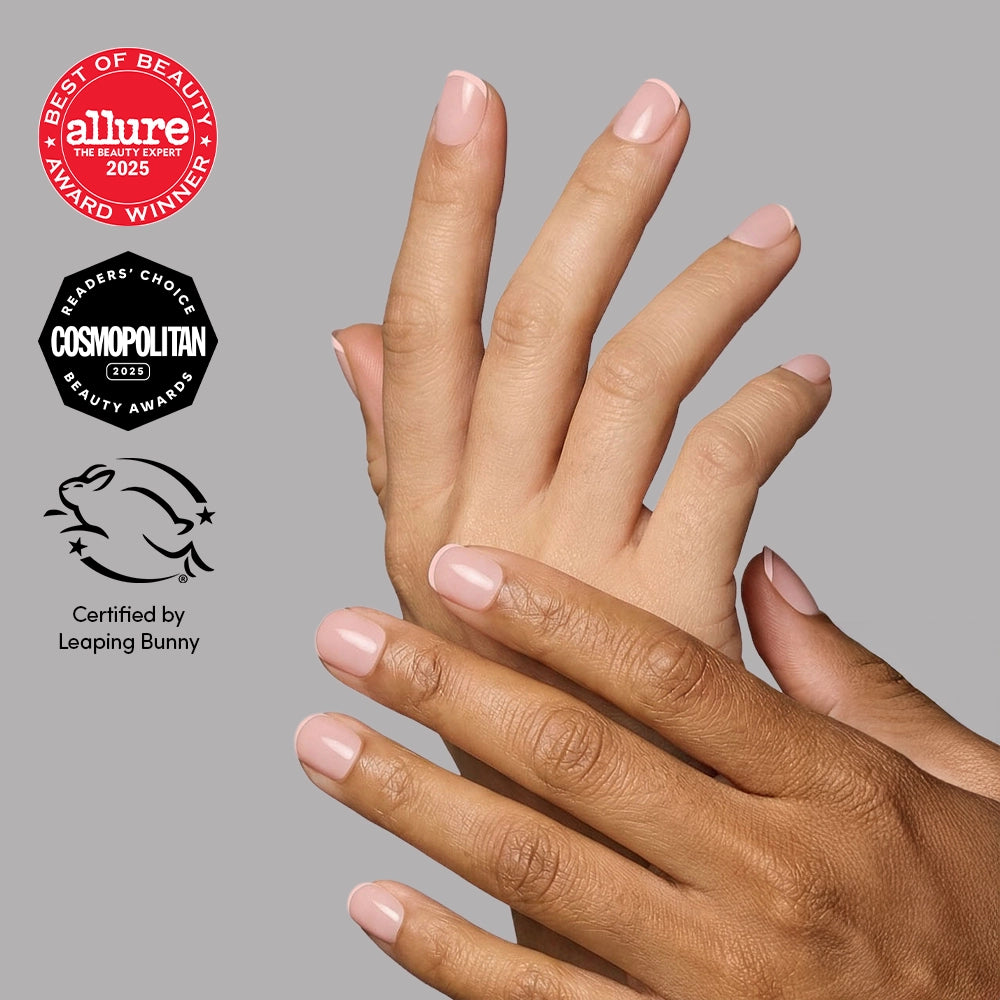 Melocotón francés - Short, rounded Glamnetic French Peach press-on nails in sheer light pink, featuring Allure Best of Beauty 2025, Cosmopolitan Readers Choice 2025, and Leaping Bunny certification seals.