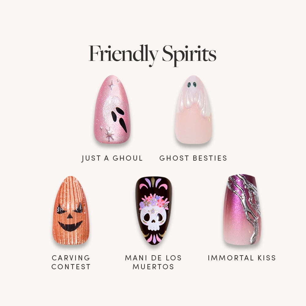 The Friendly Spirits almond press-on nail set by glamnetic features five festive Halloween designs—Just a Ghoul (pink with black shapes), Ghost Besties (pink with ghosts), Carving Contest (orange with a jack-o-lantern), Mani de los Muertos (skull design), and Immortal Kiss (pink with silver lines)—perfect for anyone who wants to elevate their manicure game with fun, eye-catching style. - Product image