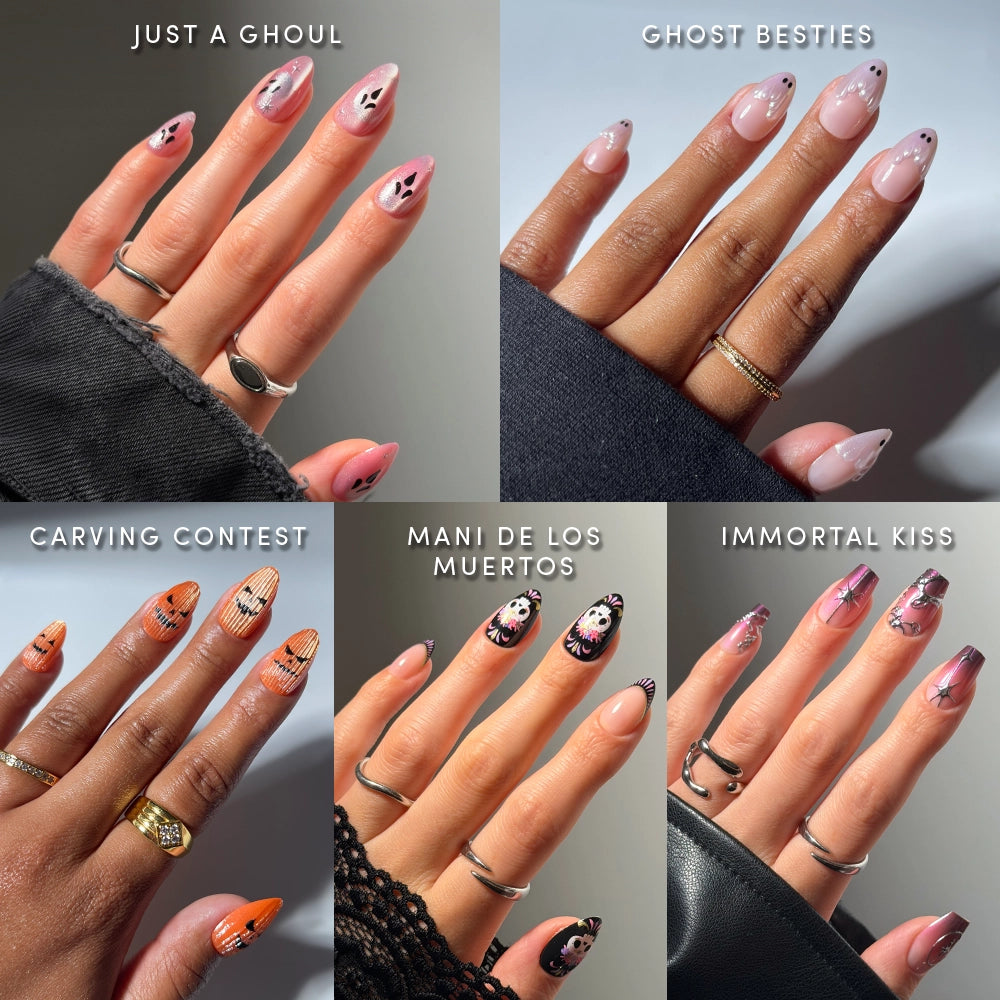Five images of manicured hands feature the glamnetic “Friendly Spirits” Halloween press-on nail set in a variety of stunning designs: classic ghosts, pink ghost motifs, pumpkins with stripes, skulls paired with roses, and dark purple nails accented with fangs and bats. Each style is labeled with its unique name and offered as an almond-shaped press-on nail set for easy at-home application. - Product image