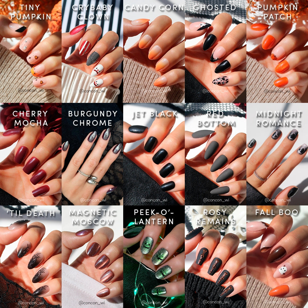 A collage of 16 hands displays glamnetic’s Fright Night Collection, featuring Halloween nail sets in assorted colors and designs, each uniquely named—like Tiny Pumpkin and Ghosted—for a hauntingly stylish look. - Product image