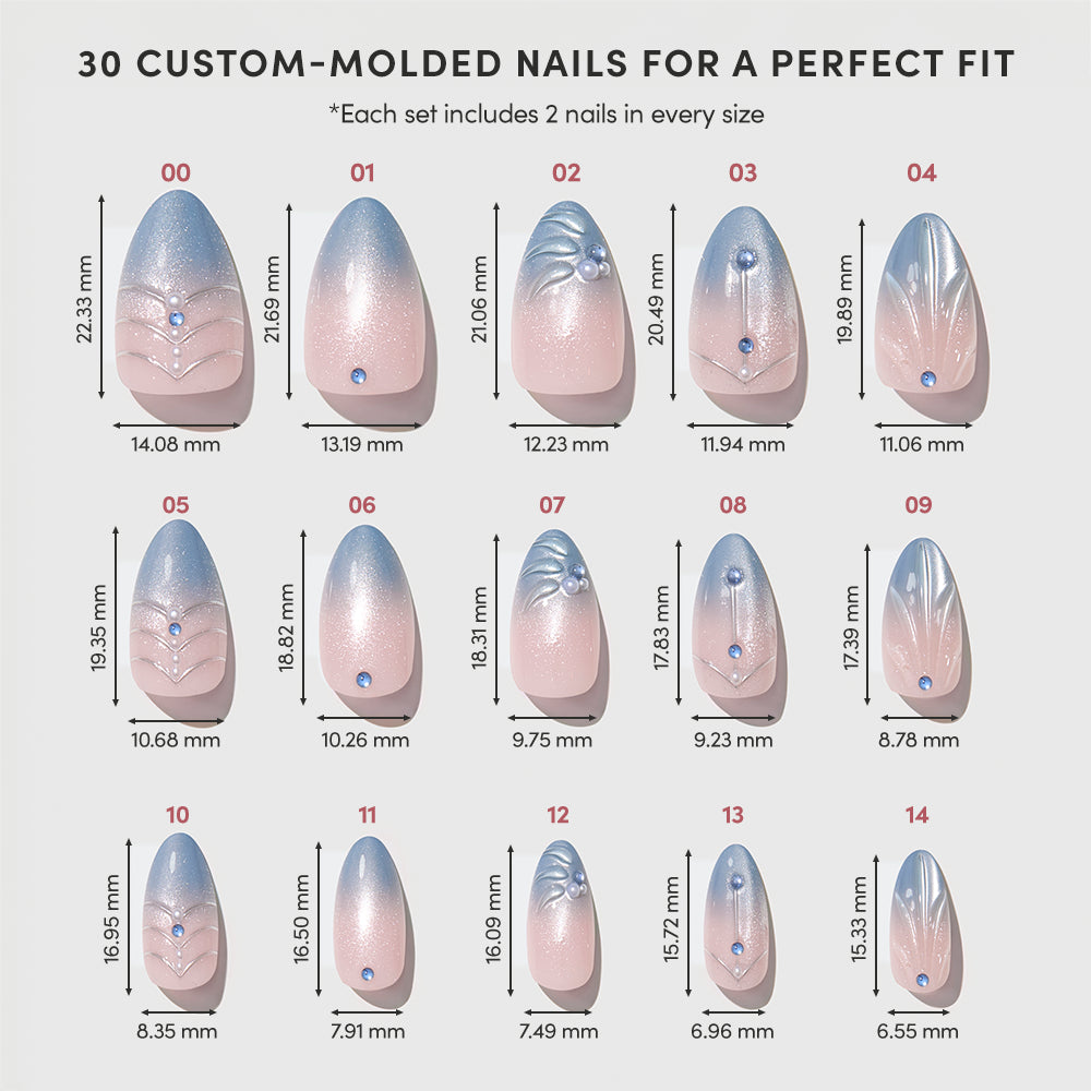 Frosted Crystals - Frosted Crystals press-on nails displayed as 15 sets of velvet finish blue and white ombre tips with 3D accents, each labeled with sizing dimensions in millimeters.