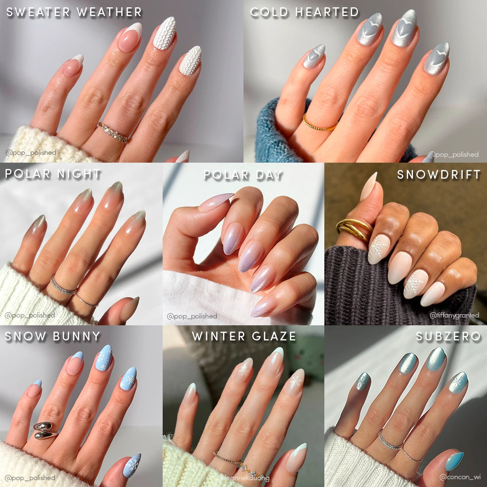 A 3x3 grid features nine short almond manicures by glamnetic, each with Frozen Over snowflake designs and names like Sweater Weather, Snowfall, and Subzero in wintry pastel shades.