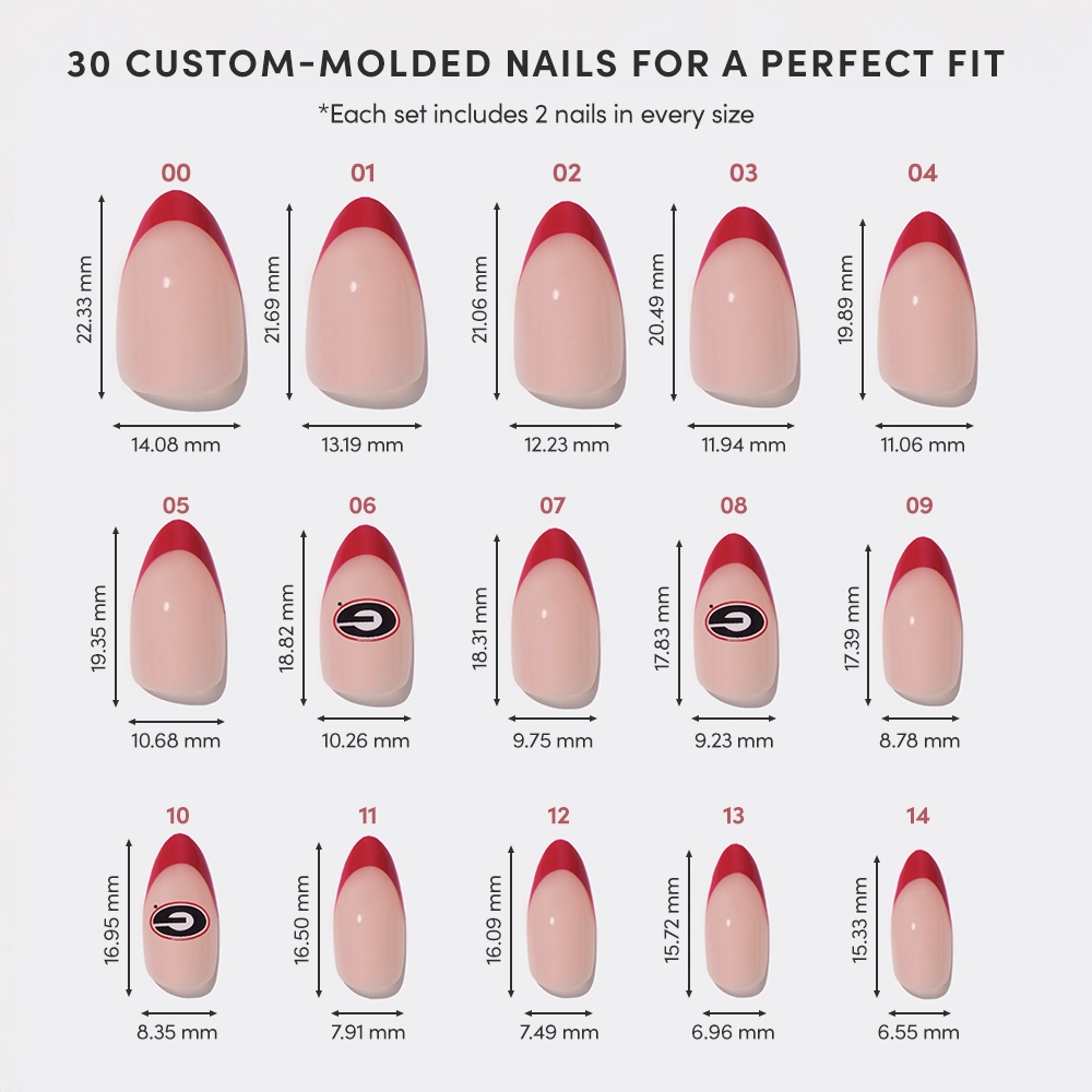 Chart displaying 15 sizes of glamnetic Georgia Bulldogs Press-On Nails, each in light pink with a red French tip. Nails are labeled by size and list width and length in millimeters—ideal for creating your own fan manicure. - Product image