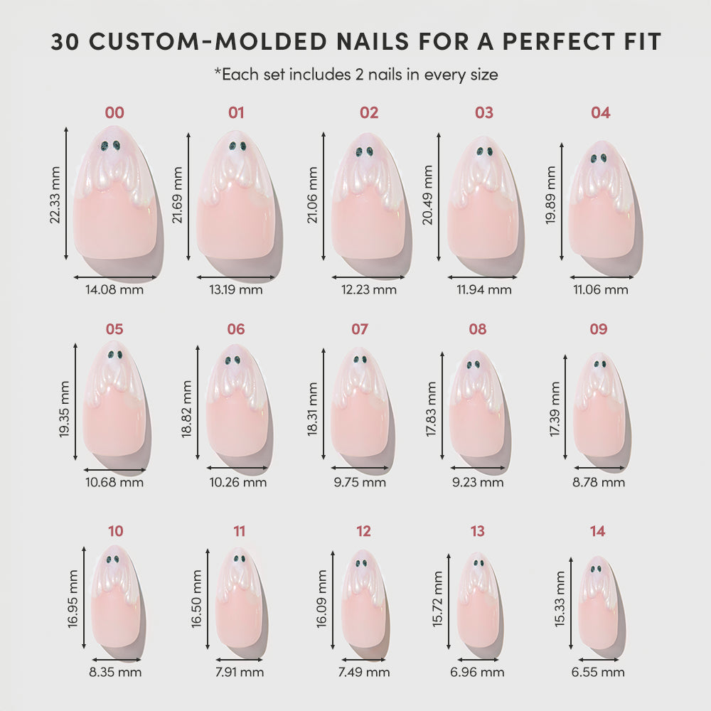 Chart of 15 Ghost Besties custom-molded press-on nails by glamnetic, showing two nails per size with clearly labeled length and width dimensions. The short almond-shaped pink nails are displayed in rows on a light background, with black text indicating each measurement. - Product image