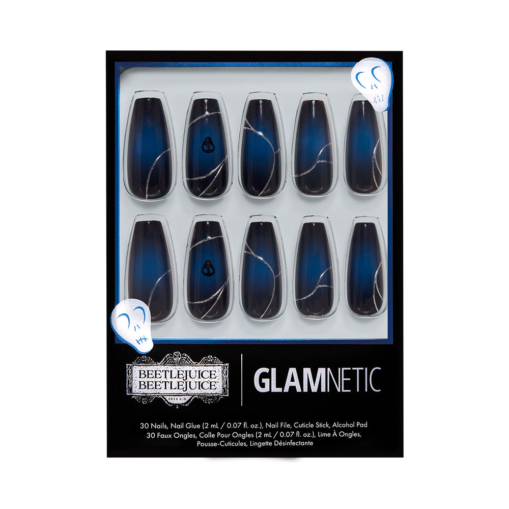 The glamnetic Ghost House box features a dark gradient coffin nail set with metallic accents, arranged in three rows and packaged with spooky skulls and bold branding from the Beetlejuice x glamnetic collection.