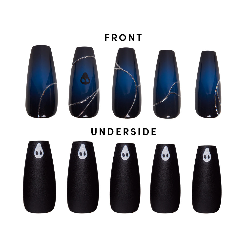 Five artificial nails from the glamnetic Ghost House set are shown in two rows. The top row features glossy dark blue fronts with silver lines and a small ghost face; the bottom row displays white ghost faces on black undersides. - Product image