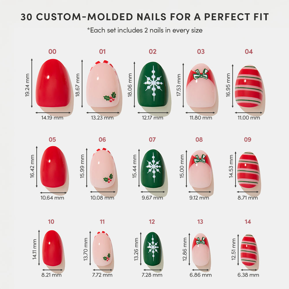 Gifting Season - Grid of fifteen short oval Gifting Season press-on nails in sizes ranging from 00 to 14, with labels indicating their specific dimensions in millimeters.