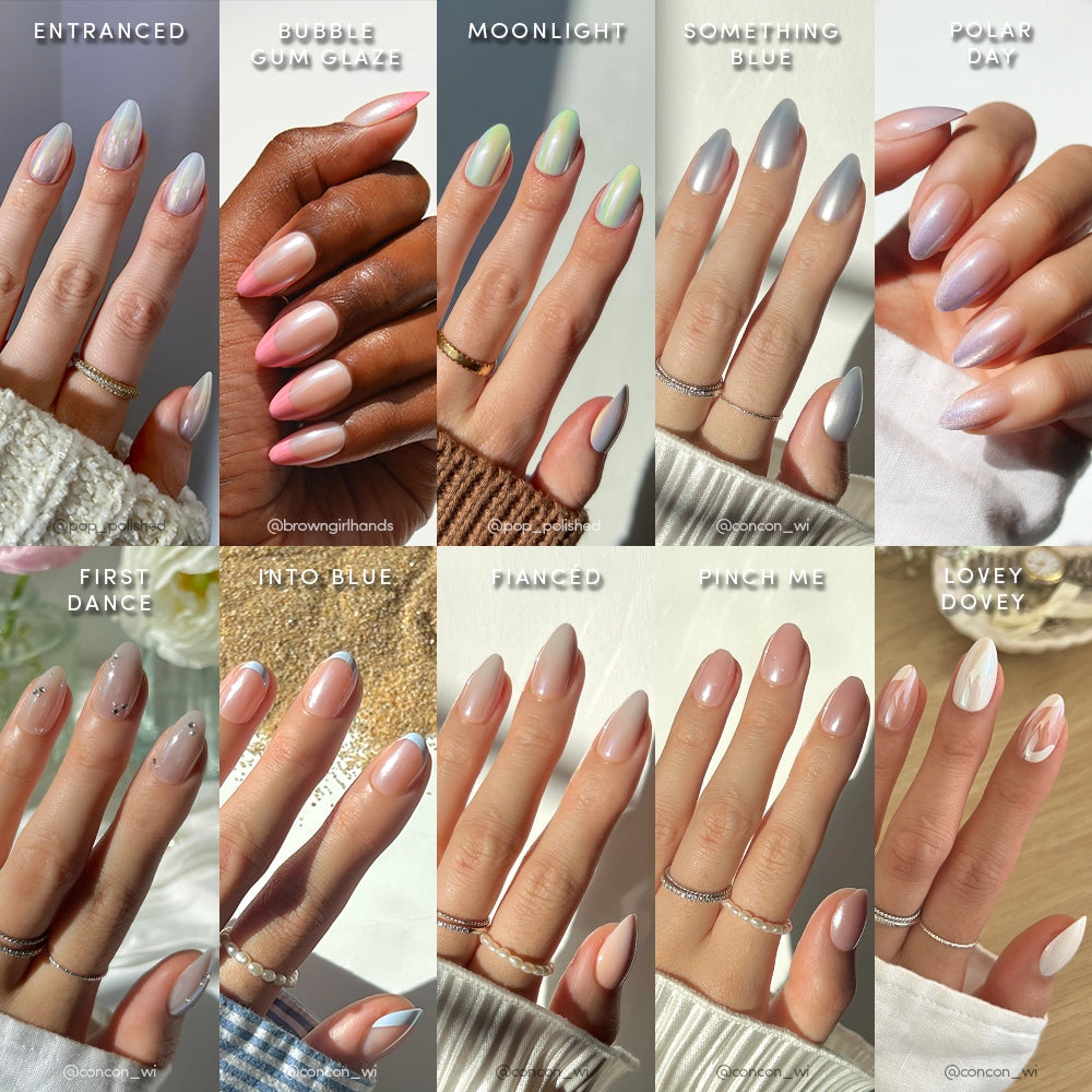 A collage of twelve hands styled in short almond sets displays various pastel shades—Entranced, Bubble Gum Glaze, Moonlight, Something Blue, and more—with delicate rings and subtle glazed nails using glamnetic’s Give Them More Glaze.