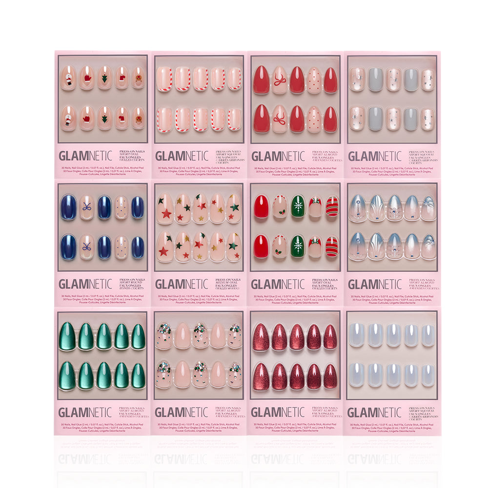 Glam for the Holidays Collection - Glam for the Holidays Collection featuring twelve sets of festive press-on nails in red, green, and silver designs with bows, snowflakes, and ornaments.