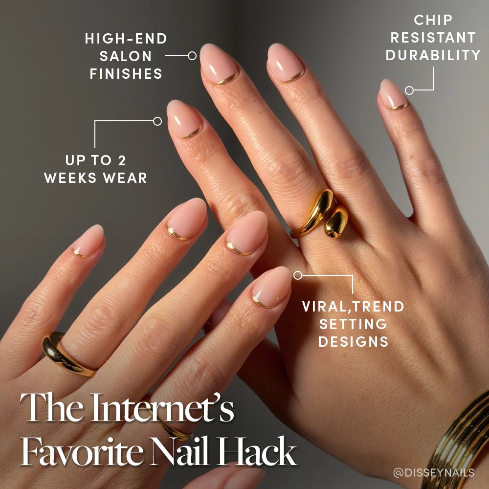 Three hands show Glam Goals by glamnetic: manicured, nude-pink short oval nails with chic gold foil French tips. Gold rings accent the trendsetting look. Text highlights a high-end finish, chip resistance, and two-week wear. - Product image