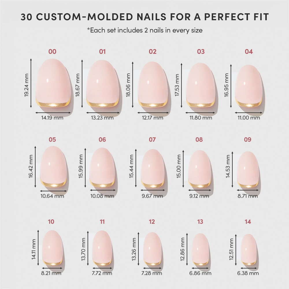 A chart shows 15 Glam Goals press-on nails by glamnetic, each pink with gold foil French tips and labeled with a number, width, and length. Text above says, "30 custom-molded nails for a perfect fit. - Product image