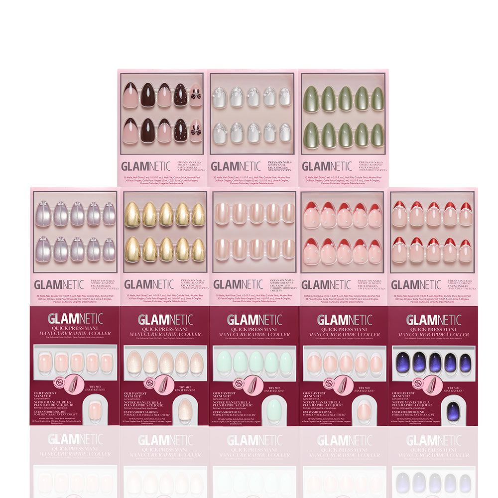 Ten boxes from the glamnetic Glam In The City Collection are arranged in two rows, each showcasing a distinct nail design with shades of nude, red, gold, mint, green, and blue—delivering premium press-on nail sets for a true salon-quality manicure at home. - Product image
