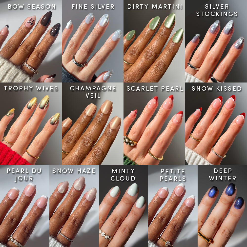 A grid of hands with manicured nails in a range of shimmery polish shades—each labeled with festive or winter-inspired names like Bow Season, Silver Stockings, Dirty Martini, and more—showcases glamnetic’s Glam In The City Collection: premium nail sets that bring salon-quality manicures right to your home. - Product image