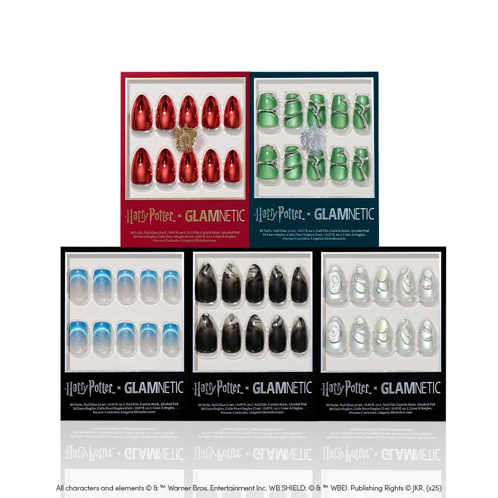 Five boxes of glamnetic Glamnetic House Faves press-on nails are displayed in two rows, each featuring a unique mix of nail colors, metallic chrome finishes, and designs inspired by the four Hogwarts houses. - Product image