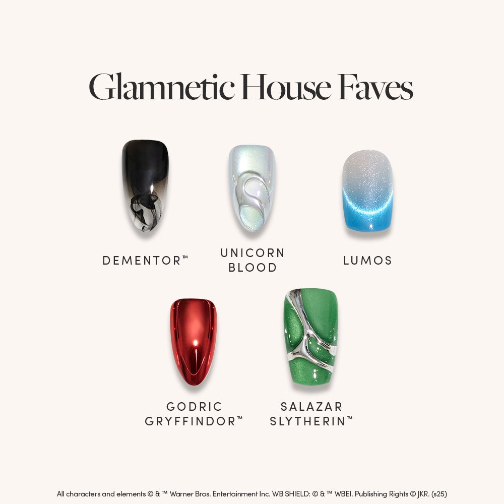 Glamnetic’s House Faves set includes five magical nails: black with silver snake (Dementor), shimmery white (Unicorn Blood), sparkly blue (Lumos), bold red (Godric Gryffindor), and green-silver chrome (Salazar Slytherin).