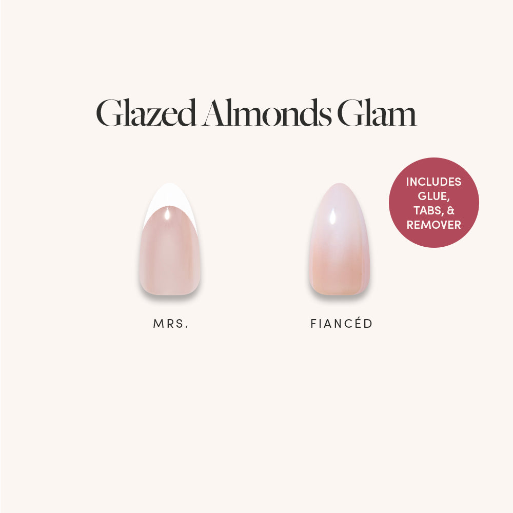 Two almond-shaped press-on nails from glamnetic, labeled “Mrs.” and “Fiancé,” feature a glossy nude-pink finish for a salon-quality look. The text reads “Glazed Almonds Glam,” and a red circle highlights that glue, tabs, and remover are included. - Product image