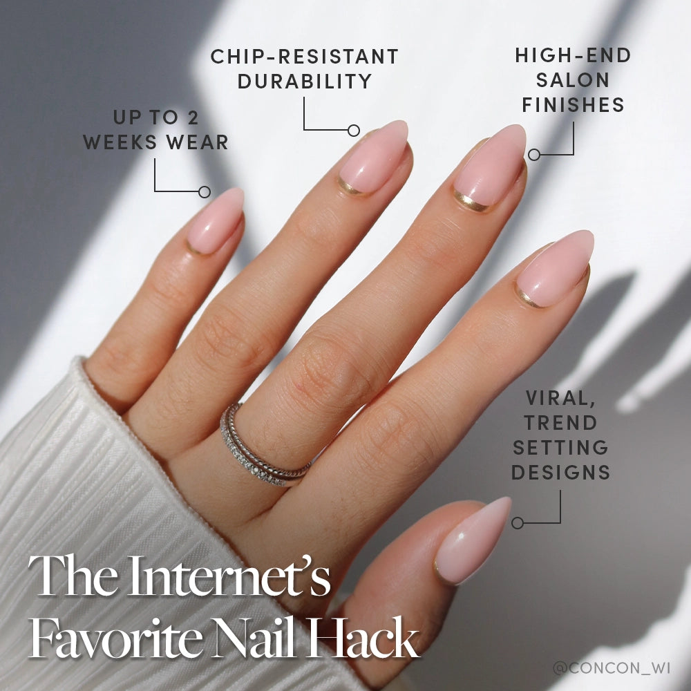 A hand with long, light pink glamnetic Goal Chaser press-on nails featuring gold accents is shown. Text highlights up to 2 weeks' wear, chip-resistant durability, salon-quality finish, and trendy, viral designs. - Product image