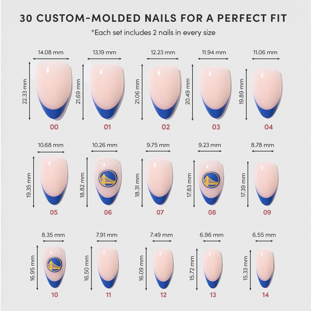 The glamnetic Golden State Warriors Press-On Nail Set includes 15 salon-quality nails in various sizes with millimeter labels, featuring blue French tip almonds and a yellow basketball logo. Each size comes with 2 nails. - Product image