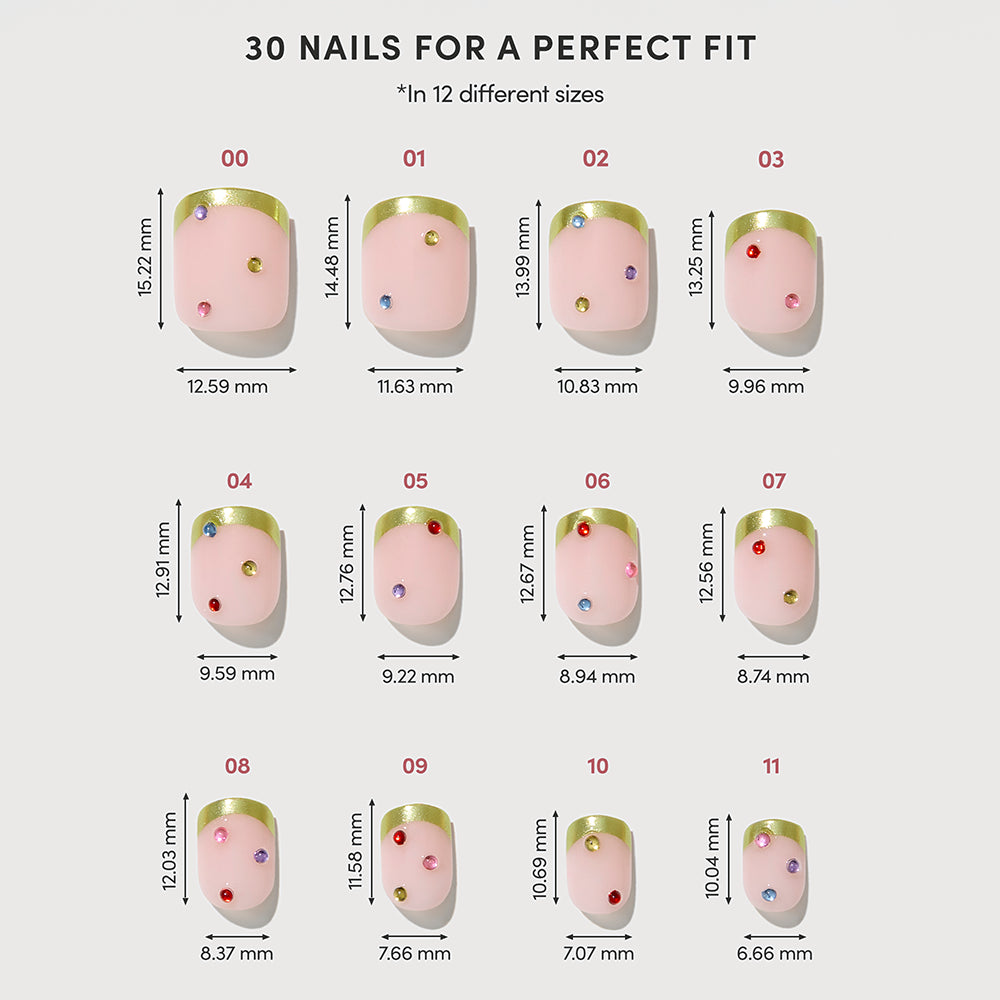 A sizing chart for Goodie Gumdrops press-on nails showing twelve different widths and lengths, each featuring a pink base, a gold tip, and small colorful rhinestones. - Product image