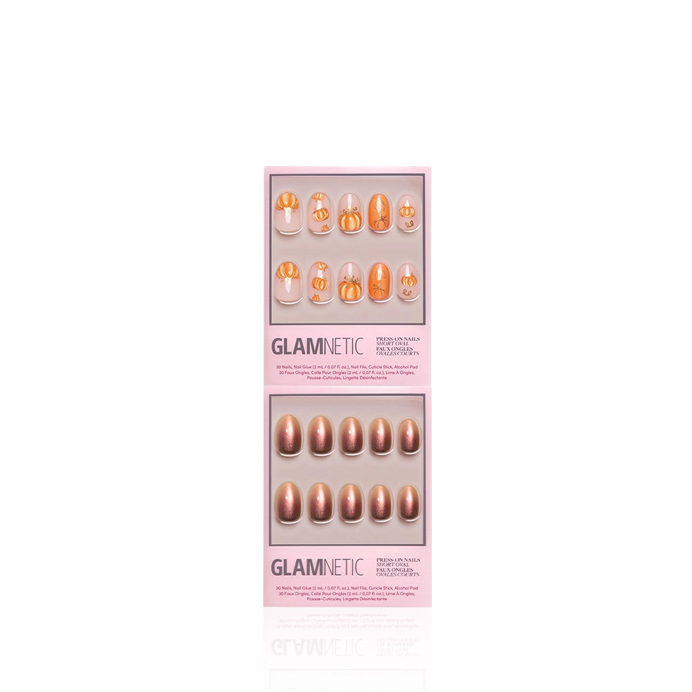 Two boxes of glamnetic press-on nails in pink packaging are displayed. The top box features the “Gourd Intentions” set with elegant gold and nude designs, while the bottom box contains a metallic rose gold set. Both offer a salon-quality manicure at home and are neatly presented on a white background. - Product image