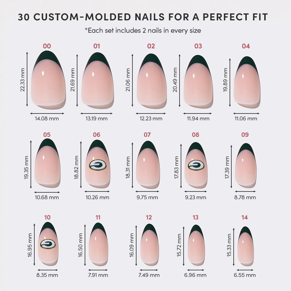 The glamnetic Green Bay Packers Press-On Nail Set features 15 custom-molded nails with black tips, each numbered and shown with detailed millimeter height and width measurements for an ideal fan fit. - Product image