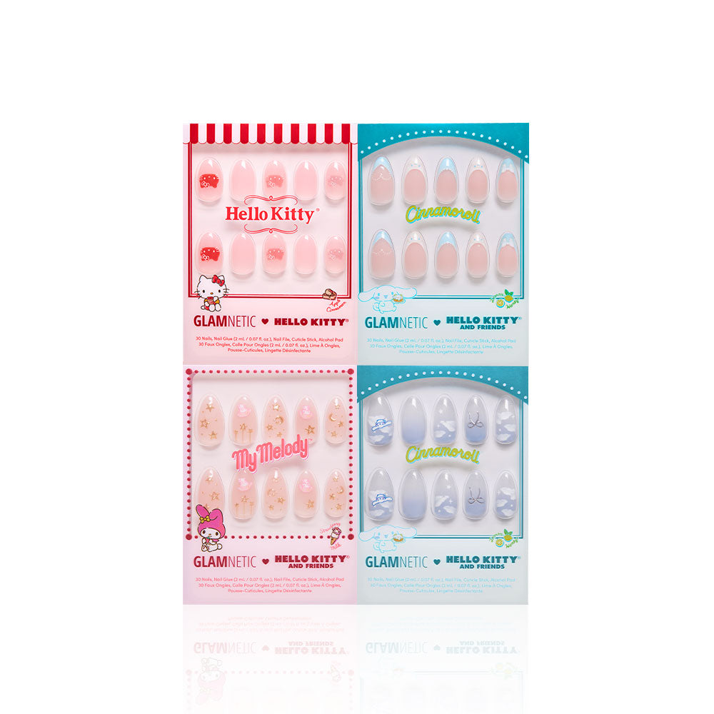 Four sets of glamnetic Hello Kitty® Besties press-on nails in Hello Kitty, My Melody, and Cinnamoroll themes, each in vibrant packaging featuring character art and sample nails visible through clear windows. - Product image