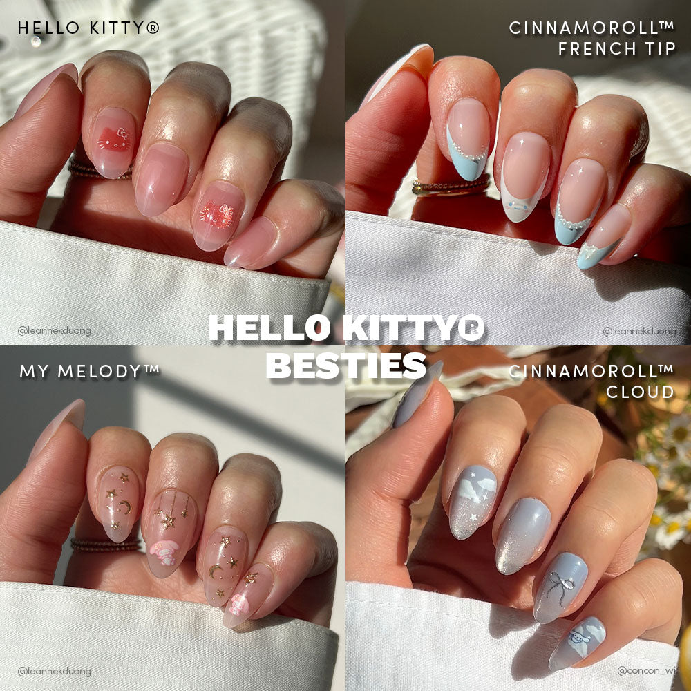 A collage of four hands with pastel Hello Kitty® Besties nails by glamnetic, featuring pink bows, blue Cinnamoroll tips with clouds, and pink My Melody designs with gold—each inspired by your favorite Sanrio characters. - Product image