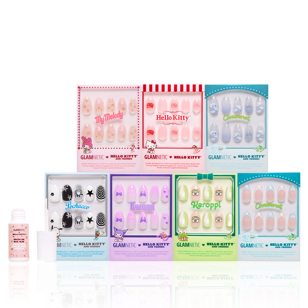 Seven sets from the glamnetic Hello Kitty® & Friends Collection (2024), each with colorful designs featuring different Sanrio characters, are arranged in two rows with a small nail glue bottle on the left. - Product image