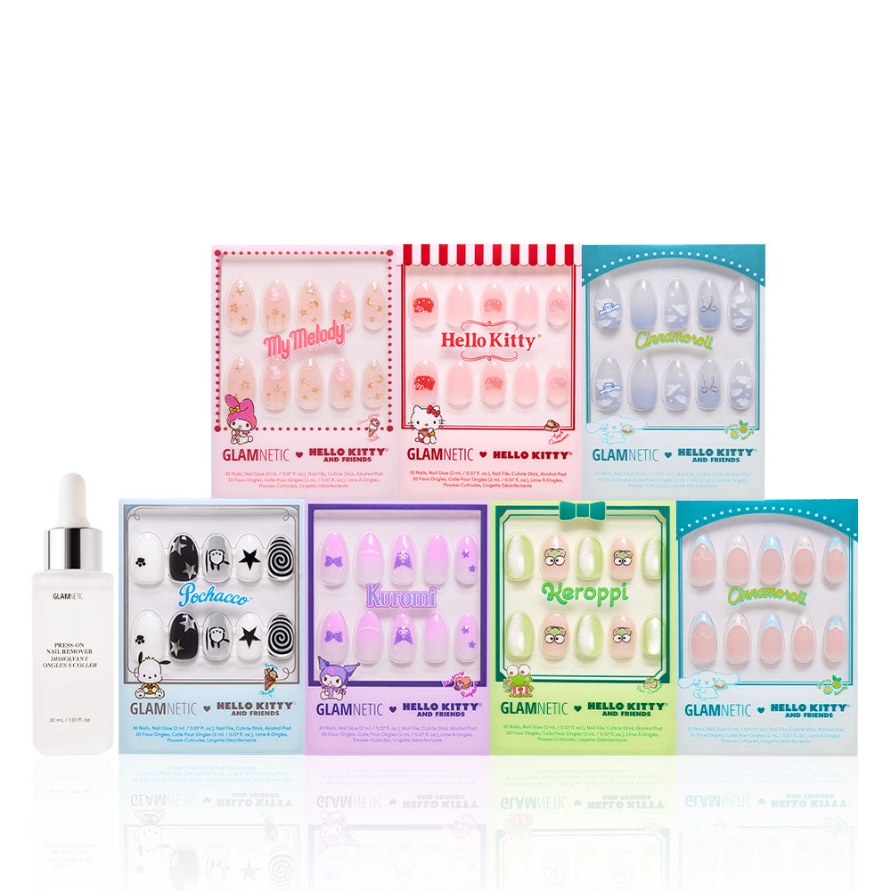 Eight sets from the 2024 glamnetic Hello Kitty® & Friends Collection, with My Melody, Cinnamoroll, and Hello Kitty press-on nails in colorful boxes, plus a nail glue bottle with dropper on the left—all displayed on a white background. - Product image