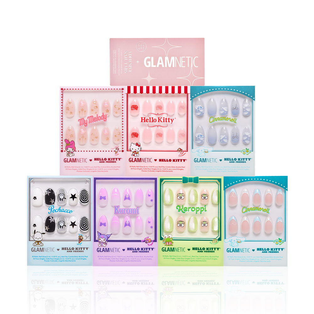 Eight boxes from the glamnetic Hello Kitty® & Friends Collection (2024) are arranged in two rows, each with unique nail designs featuring Hello Kitty, My Melody, Kuromi, and Keroppi. A pink glamnetic box sits in the background. - Product image
