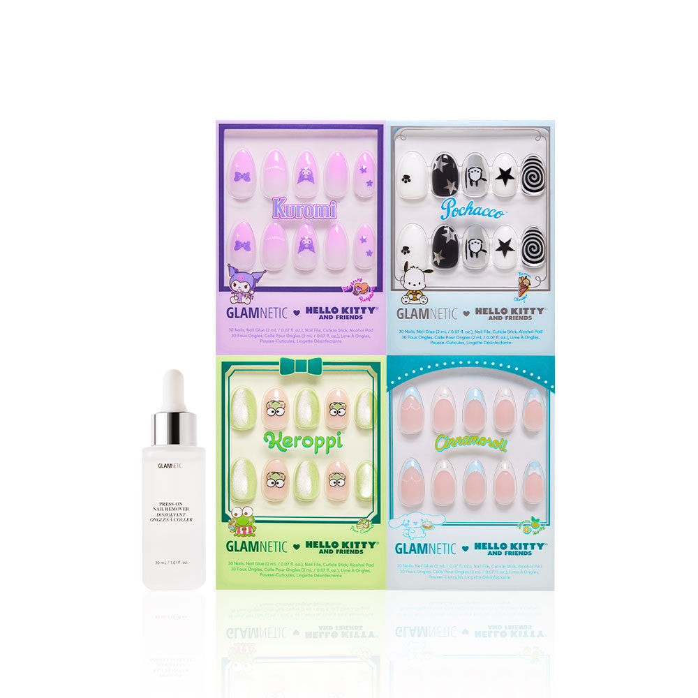 A glamnetic Hello Kitty® Crew facial serum dropper stands beside four colorful vegan, cruelty-free press-on nail sets with Sanrio characters—Kuromi, Pachacco, Keroppi, and Cinnamoroll—each in unique 3D designs and individual packages. - Product image