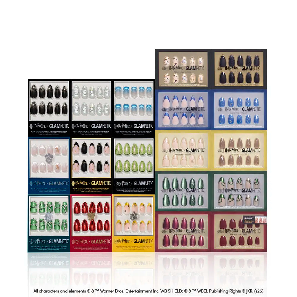 The Harry Potter™ x Glamnetic Master Vault by glamnetic features 15 press-on nail sets, each in a uniquely designed box, displayed in three rows on a white background.