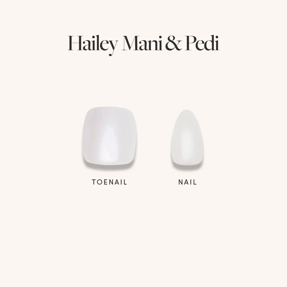 Two press-on nails appear side by side on a light background—one wide, labeled TOENAIL, and one narrow, labeled NAIL. The text above reads "glamnetic Pearly Glazed White Mani & Pedi Bundles," highlighting this versatile nail set. - Product image