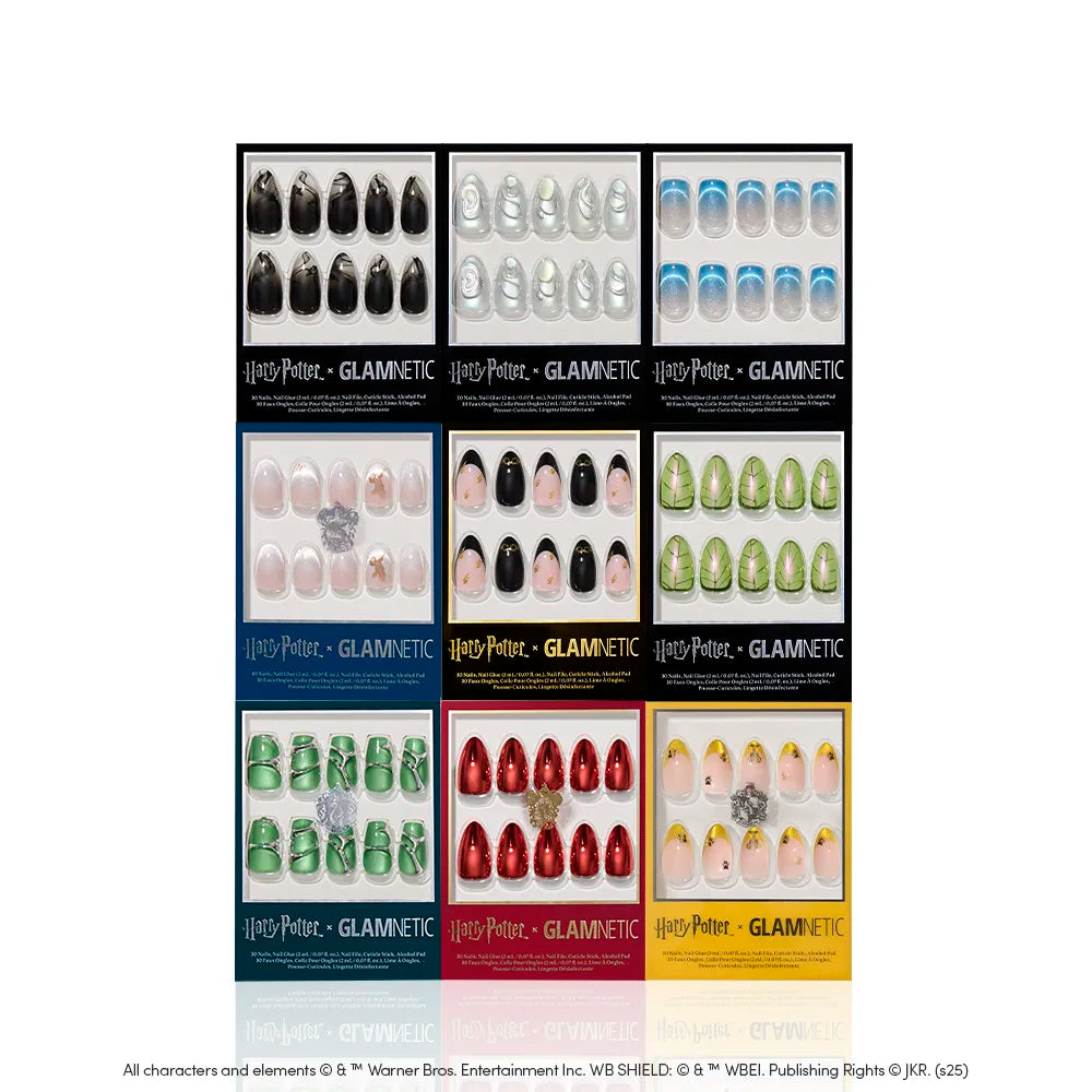 The glamnetic Harry Potter™ x Glamnetic Collection includes twelve press-on nail kits with almond shapes and designs inspired by Hogwarts houses and characters, displayed in a 3x4 grid on a white background for a magical manicure. - Product image