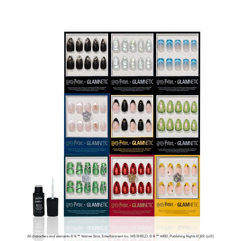 Twelve packs of glamnetic's Harry Potter™ x Glamnetic Collection reusable almond nails in various magical designs and colors, with a bottle of black nail glue and applicator displayed in front. - Product image