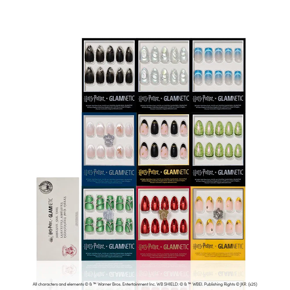 Nine sets of glamnetic Harry Potter™ x Glamnetic Collection almond nails, featuring various colors and designs in a 3x3 grid, create a magical manicure. A white glamnetic envelope is at the bottom left corner. - Product image