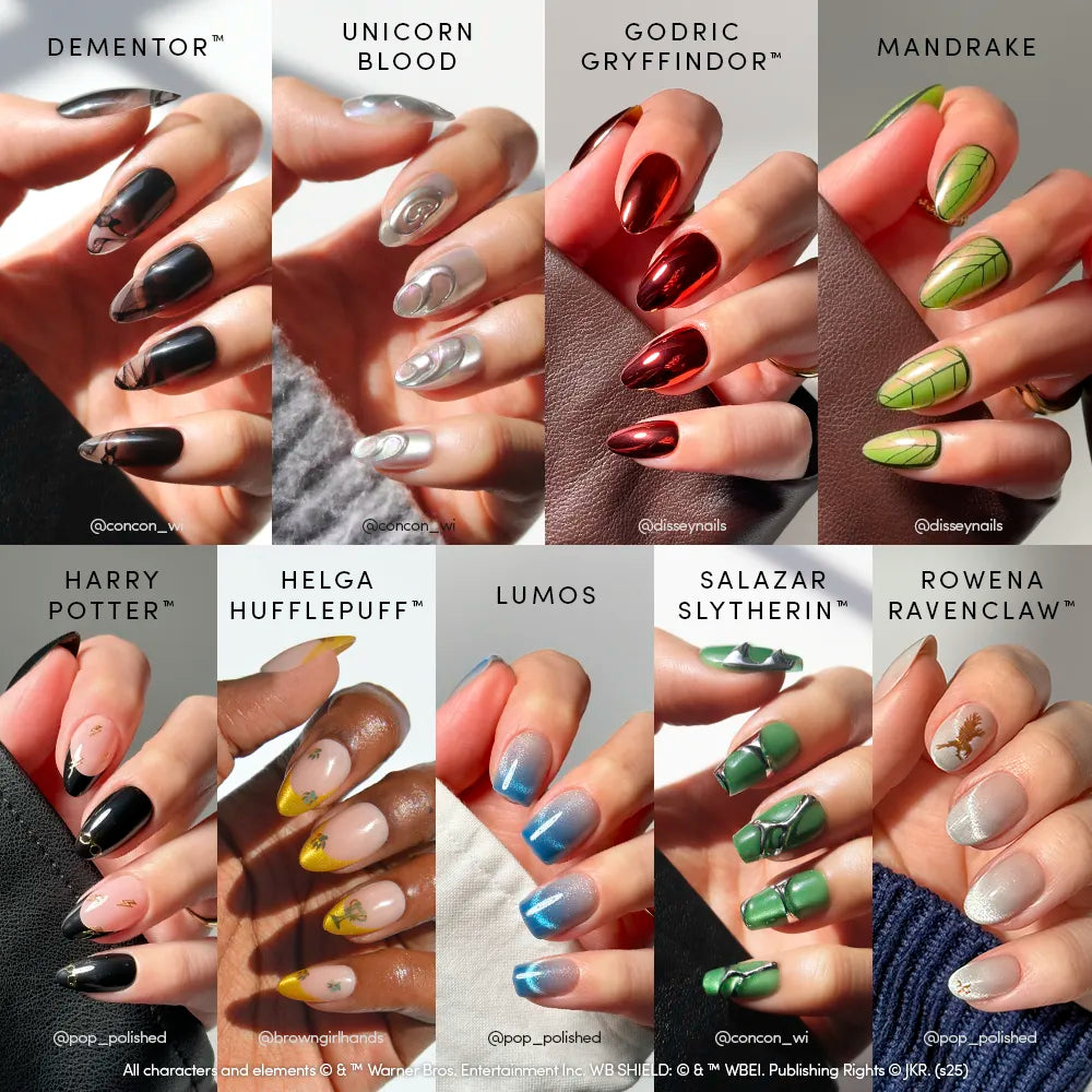 The Harry Potter™ x Glamnetic Collection by glamnetic features twelve almond nails, each with enchanting designs inspired by Harry Potter themes and houses—perfect for creating a spellbinding manicure.