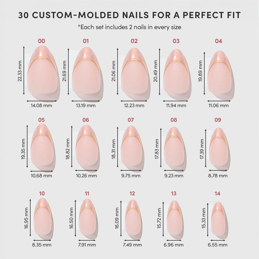 Chart displaying 15 different sizes of “Heavenly Touch” custom-molded press-on nails from glamnetic, labeled from 00 to 14. Each nail size features precise width and length measurements in millimeters, with upper-row nails being larger and lower rows gradually smaller. Ideal for short almond-shaped styles and chrome French tips. - Product image