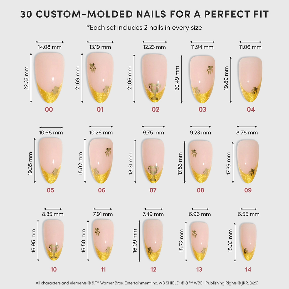A chart displays 15 sizes of the glamnetic Helga Hufflepuff™ Nail Set, each with pink polish, gold tips or floral accents, and some with yellow velvet French tips. Each nail is labeled by size and code; set includes 30 nails per box. - Product image