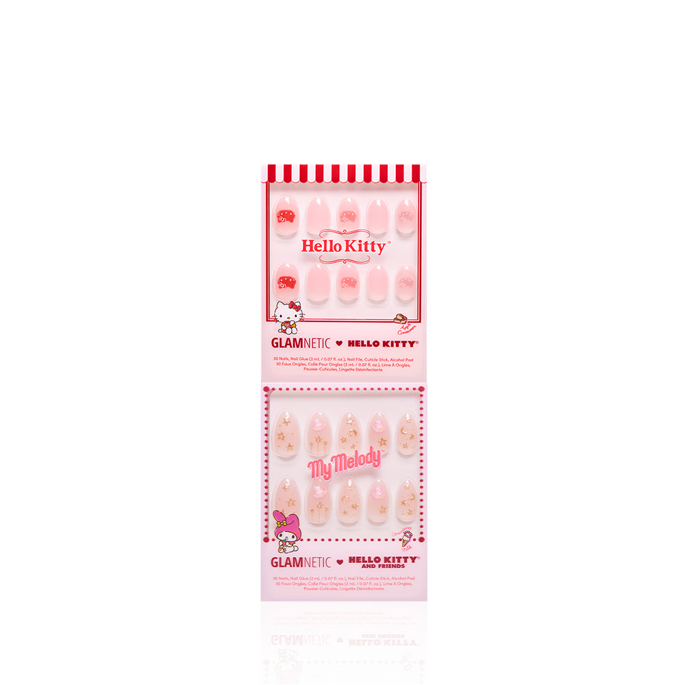 Two sets of Hello Kitty® Besties press-on nails in pink packaging featuring Hello Kitty and My Melody. - Product image